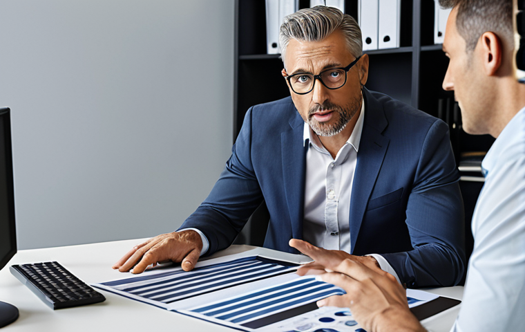 ** Experienced financial advisor explaining investment strategies to a client, in a modern office setting. Focus on trust and clarity.
**