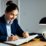 A calm and focused young professional in modest, neat attire, sitting at a clean, well-lit study desk in a quiet home environment at night. The subject is reviewing neatly organized study notes and highlighted key points, with a subtle, confident smile. A cup of herbal tea or water is nearby. The atmosphere emphasizes tranquility and preparedness, not stress. The individual is fully clothed, appropriate attire, safe for work, perfect anatomy, correct proportions, natural pose, well-formed hands, proper finger count, natural body proportions, professional photography, high resolution, soft lighting, detailed, appropriate content, modest.