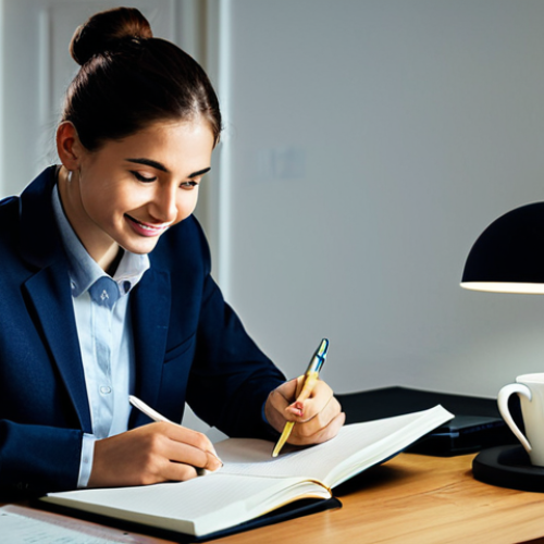 A calm and focused young professional in modest, neat attire, sitting at a clean, well-lit study desk in a quiet home environment at night. The subject is reviewing neatly organized study notes and highlighted key points, with a subtle, confident smile. A cup of herbal tea or water is nearby. The atmosphere emphasizes tranquility and preparedness, not stress. The individual is fully clothed, appropriate attire, safe for work, perfect anatomy, correct proportions, natural pose, well-formed hands, proper finger count, natural body proportions, professional photography, high resolution, soft lighting, detailed, appropriate content, modest.