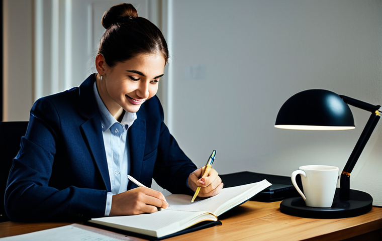 A calm and focused young professional in modest, neat attire, sitting at a clean, well-lit study desk in a quiet home environment at night. The subject is reviewing neatly organized study notes and highlighted key points, with a subtle, confident smile. A cup of herbal tea or water is nearby. The atmosphere emphasizes tranquility and preparedness, not stress. The individual is fully clothed, appropriate attire, safe for work, perfect anatomy, correct proportions, natural pose, well-formed hands, proper finger count, natural body proportions, professional photography, high resolution, soft lighting, detailed, appropriate content, modest.