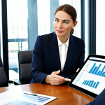 A professional financial advisor, a woman in a modest business suit, is calmly explaining investment concepts to a client, a man in professional business casual attire. They are seated at a sleek modern desk in a well-lit, contemporary office with large windows. A digital tablet displaying abstract financial graphs is subtly visible on the desk, emphasizing guidance and trust. Both subjects exhibit perfect anatomy, correct proportions, and natural poses with well-formed hands and proper finger count. The image emphasizes professionalism, appropriate content, and is safe for work. Fully clothed, professional dress, appropriate attire.