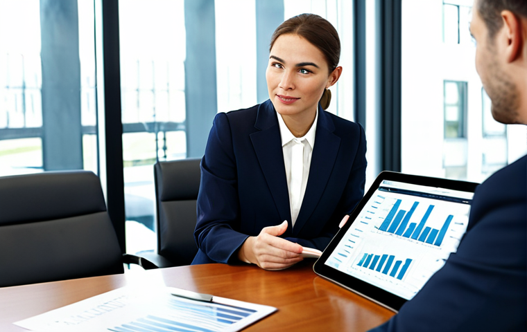 A professional financial advisor, a woman in a modest business suit, is calmly explaining investment concepts to a client, a man in professional business casual attire. They are seated at a sleek modern desk in a well-lit, contemporary office with large windows. A digital tablet displaying abstract financial graphs is subtly visible on the desk, emphasizing guidance and trust. Both subjects exhibit perfect anatomy, correct proportions, and natural poses with well-formed hands and proper finger count. The image emphasizes professionalism, appropriate content, and is safe for work. Fully clothed, professional dress, appropriate attire.