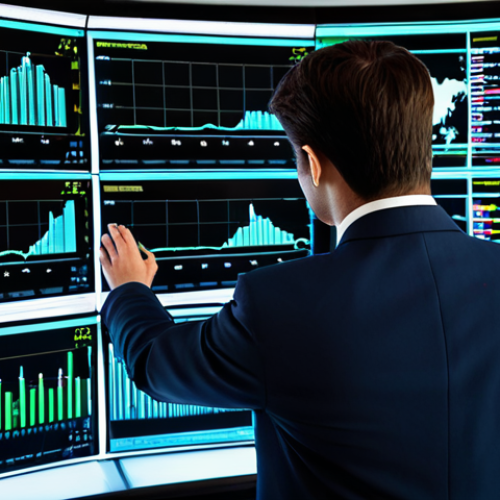 **A professional financial analyst, fully clothed in a modest business suit, intently examining holographic data visualizations and complex charts on multiple large, curved screens in a sleek, modern high-tech financial trading room. The room features subtle LED lighting and clean lines, emphasizing innovation and precision. The analyst is in a natural, focused pose, showcasing perfect anatomy and correct proportions, with well-formed hands. This is a high-quality, professional photograph, safe for work, appropriate content, professional dress, natural body proportions, family-friendly.**