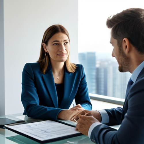 A professional female financial advisor, wearing a modest business suit, sits at a modern glass table across from a male client in a sunlit, contemporary office. They are engaged in a calm and clear discussion, reviewing financial documents and charts on a tablet, conveying an atmosphere of trust and guidance. The background features blurred, tasteful office decor and a subtle city skyline view. fully clothed, appropriate attire, safe for work, professional dress, modest clothing, perfect anatomy, correct proportions, natural pose, well-formed hands, proper finger count, natural body proportions, high quality, professional photography, family-friendly.