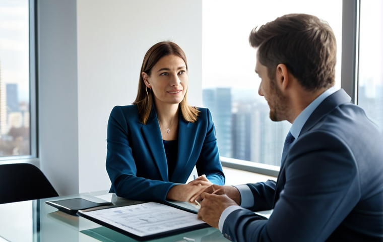 A professional female financial advisor, wearing a modest business suit, sits at a modern glass table across from a male client in a sunlit, contemporary office. They are engaged in a calm and clear discussion, reviewing financial documents and charts on a tablet, conveying an atmosphere of trust and guidance. The background features blurred, tasteful office decor and a subtle city skyline view. fully clothed, appropriate attire, safe for work, professional dress, modest clothing, perfect anatomy, correct proportions, natural pose, well-formed hands, proper finger count, natural body proportions, high quality, professional photography, family-friendly.
