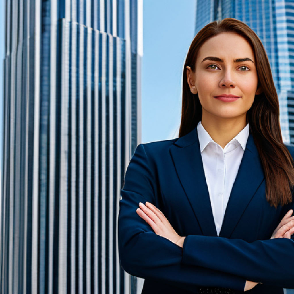"A professional businesswoman in a modest business suit, standing confidently in front of a modern skyscraper, fully clothed, appropriate attire, safe for work, perfect anatomy, natural proportions, professional photography, high quality, family-friendly."