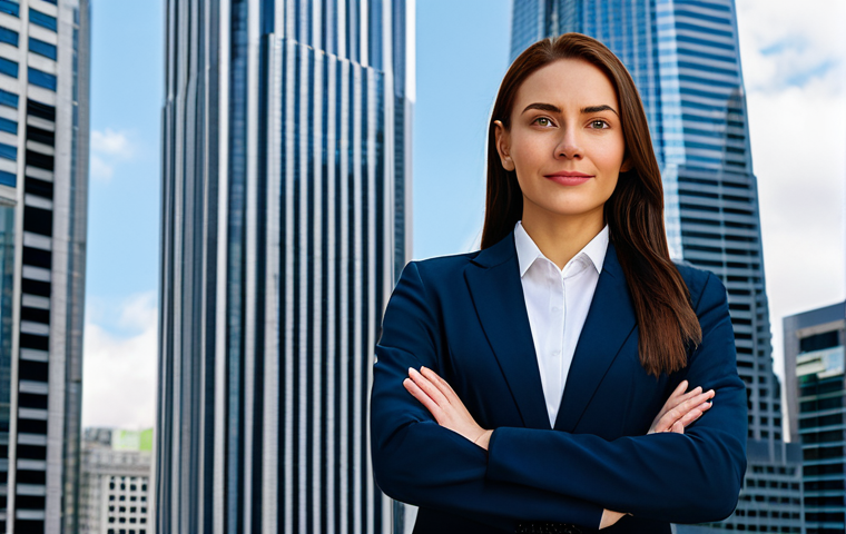 "A professional businesswoman in a modest business suit, standing confidently in front of a modern skyscraper, fully clothed, appropriate attire, safe for work, perfect anatomy, natural proportions, professional photography, high quality, family-friendly."