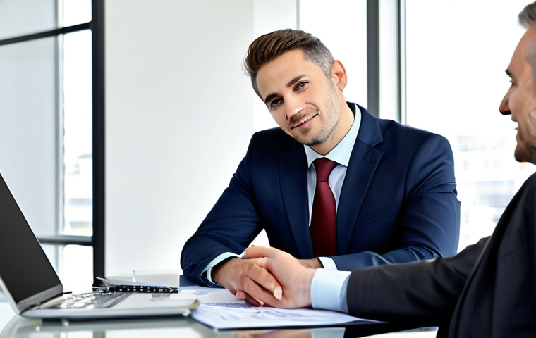 펀드투자상담사와 관련된 학습 팁 - "A professional financial advisor in a modern office setting, fully clothed in a business suit, disc...