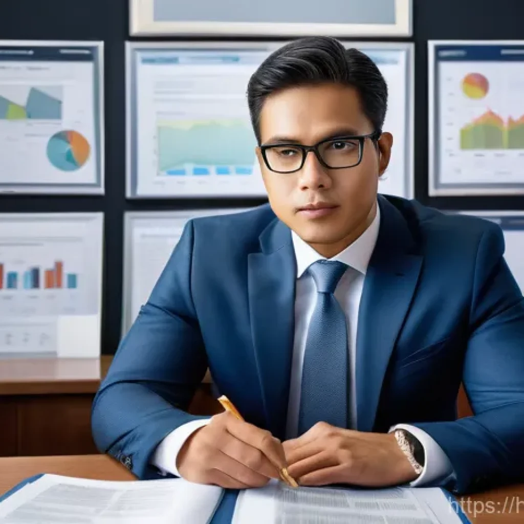펀드투자상담사로서 경력 성장 비법 - A dedicated male financial advisor in his late 30s, dressed in a sharp business suit, is seated at a...