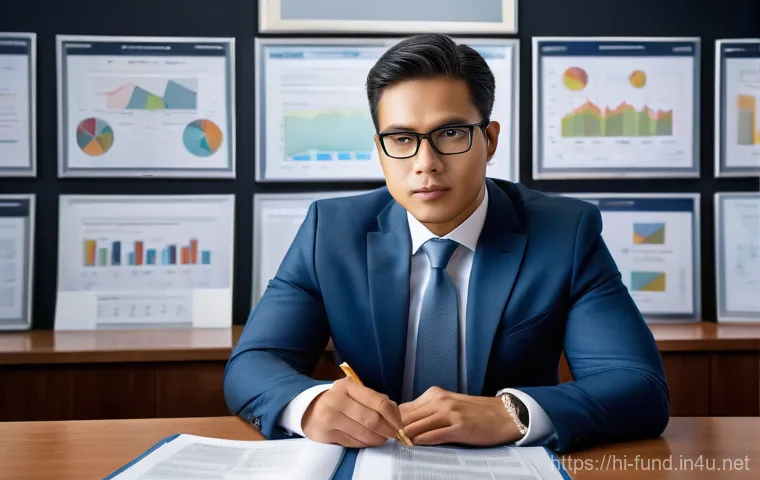 펀드투자상담사로서 경력 성장 비법 - A dedicated male financial advisor in his late 30s, dressed in a sharp business suit, is seated at a...