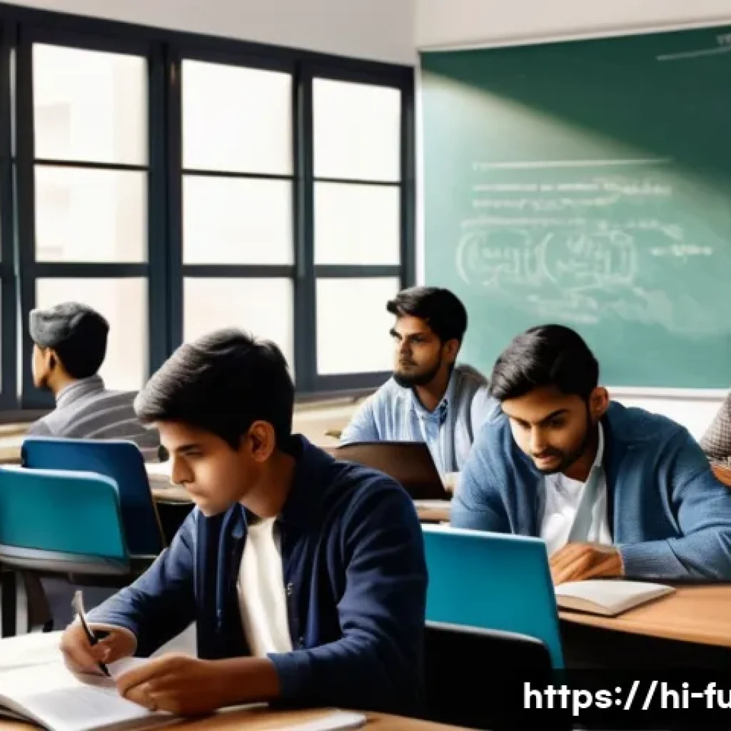 펀드투자상담사 시험 난이도 분석 - A detailed classroom scene showing a group of diverse Indian students attentively preparing for the ...