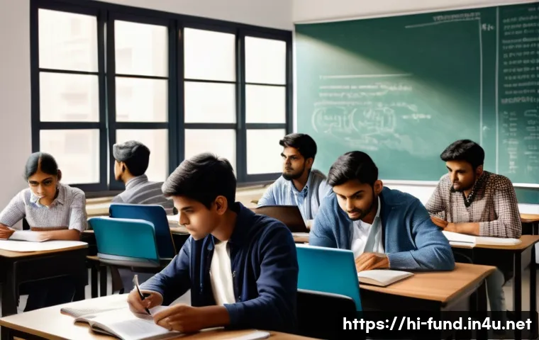펀드투자상담사 시험 난이도 분석 - A detailed classroom scene showing a group of diverse Indian students attentively preparing for the ...