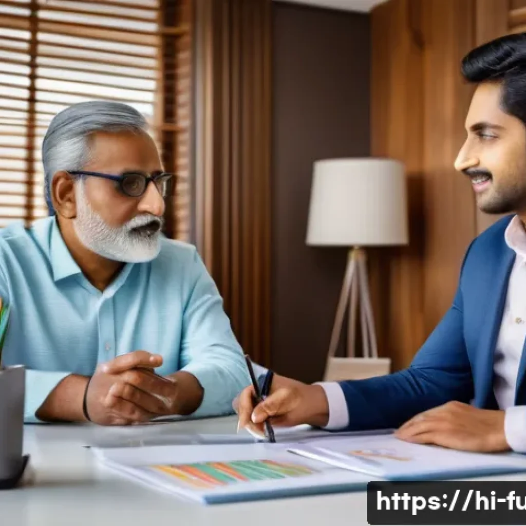 펀드투자상담사로서 고객 상담 개선 전략 - A professional Indian financial advisor in a modern office setting, attentively listening to a middl...