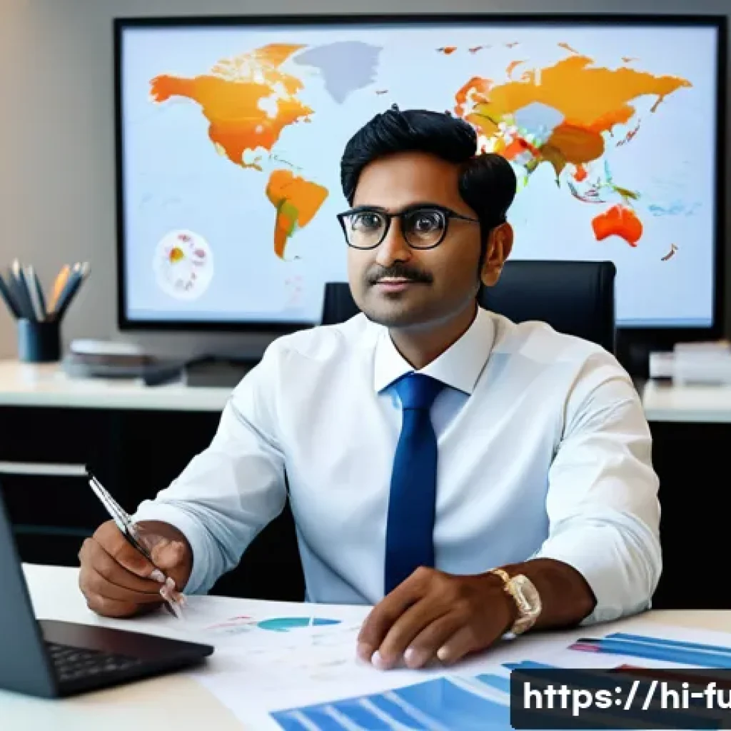 펀드투자상담사 자격증의 글로벌 가치 - A confident Indian male investment advisor in formal business attire, sitting at a modern office des...