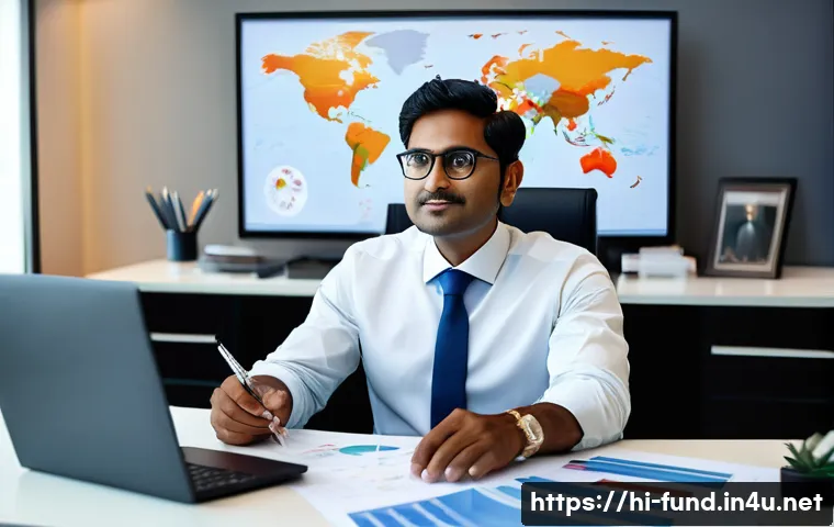 펀드투자상담사 자격증의 글로벌 가치 - A confident Indian male investment advisor in formal business attire, sitting at a modern office des...