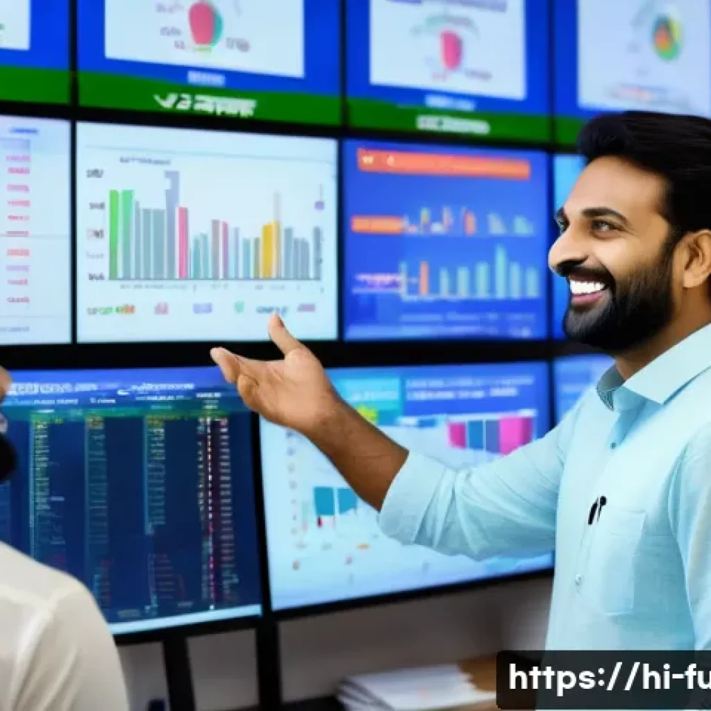 펀드투자상담사와 금융 시장 변화 사례 - A modern financial advisor interacting with a diverse group of Hindi-speaking investors in an office...