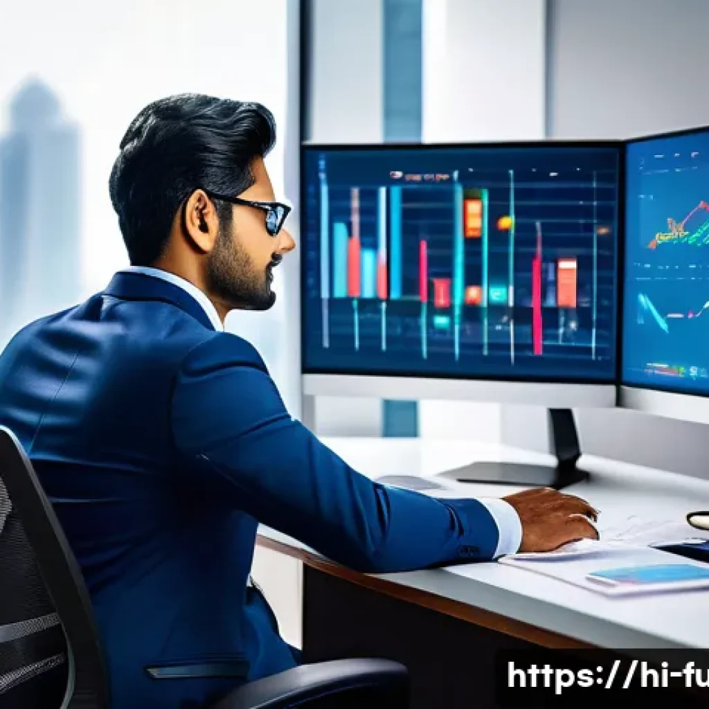펀드투자상담사와 관련된 온라인 리소스 - A professional Indian financial advisor in formal attire, sitting at a modern desk with multiple dig...