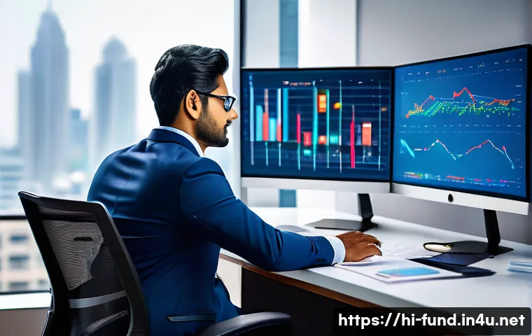 펀드투자상담사와 관련된 온라인 리소스 - A professional Indian financial advisor in formal attire, sitting at a modern desk with multiple dig...