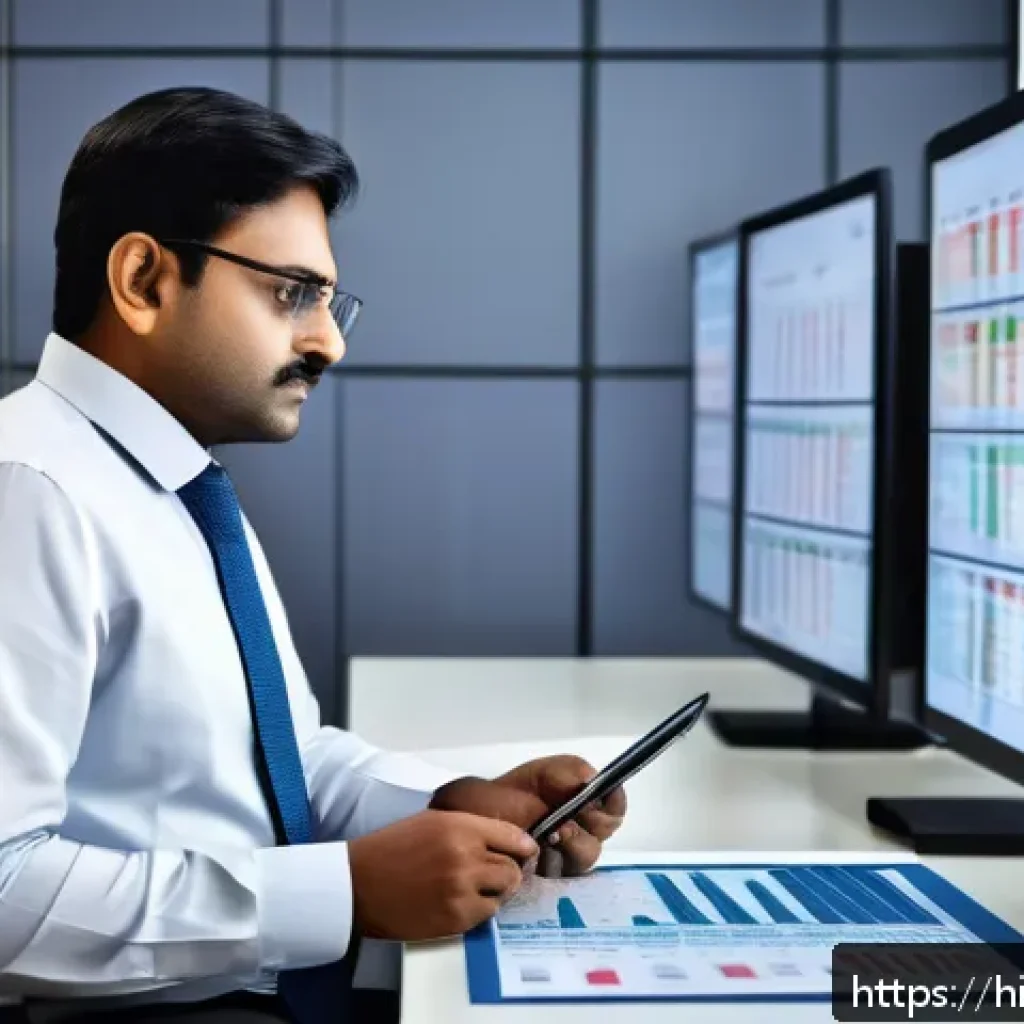 펀드투자상담사와 고객 데이터 분석 - A professional Indian investment advisor in a modern office setting, analyzing complex financial dat...