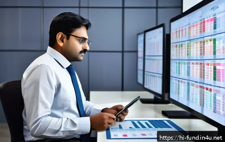 펀드투자상담사와 고객 데이터 분석 - A professional Indian investment advisor in a modern office setting, analyzing complex financial dat...