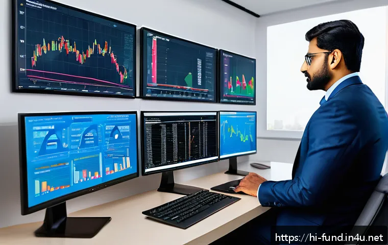 펀드투자상담사와 연관된 기술적 변화 - A modern financial analyst workspace showing a professional Indian investment advisor using advanced...