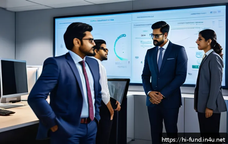 펀드투자상담사와 고객 데이터 관리 방법 - A modern office scene showing a diverse team of Indian financial advisors working with advanced cybe...