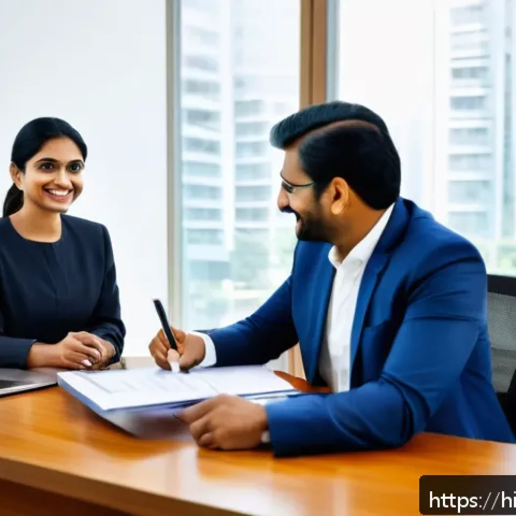 펀드투자상담사와 고객 관계 구축 비결 - A professional Indian investment advisor and a middle-aged Indian client sitting across a sleek wood...