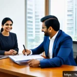 Home 22 펀드투자상담사와 고객 관계 구축 비결 - A professional Indian investment advisor and a middle-aged Indian client sitting across a sleek wood...