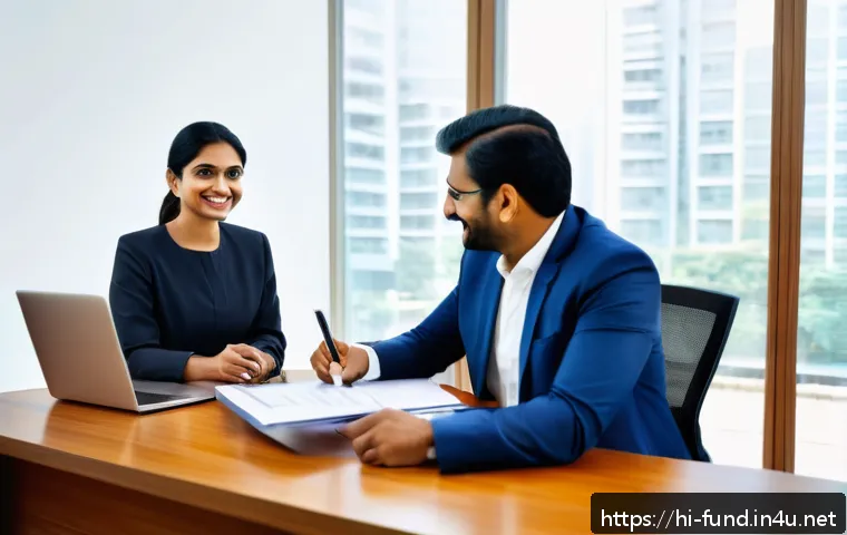 펀드투자상담사와 고객 관계 구축 비결 - A professional Indian investment advisor and a middle-aged Indian client sitting across a sleek wood...