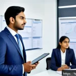 Home 20 펀드투자상담사 시험문제 출제 경향 - A professional Indian financial advisor in a modern office setting, wearing formal business attire w...