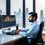 Home 19 펀드투자상담사로서 주의해야 할 금융 리스크 - A professional Indian man in his 30s sitting at a modern office desk, analyzing financial charts and...
