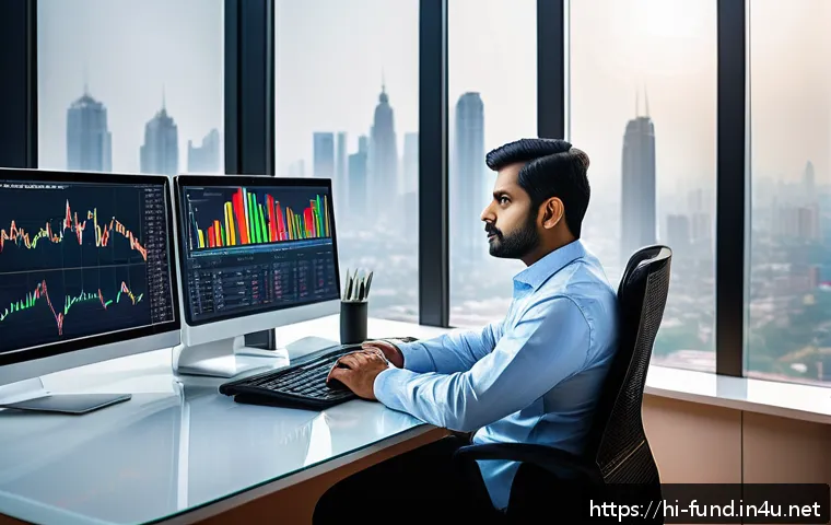 펀드투자상담사로서 주의해야 할 금융 리스크 - A professional Indian man in his 30s sitting at a modern office desk, analyzing financial charts and...