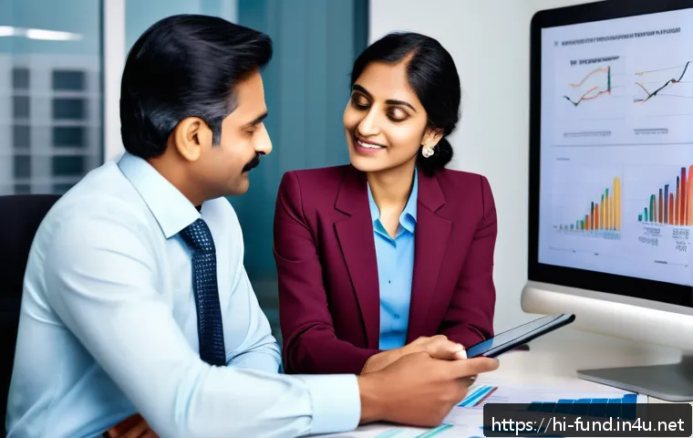 펀드투자상담사와 보험 상품의 차이 - A professional Indian financial advisor consulting a middle-aged Hindi-speaking couple in a modern o...