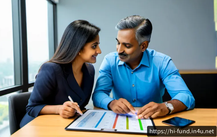 Home 17 펀드투자상담사와 고객 재무 건강 관리 사례 - Photorealistic Indian financial advisor in professional business attire consulting a middle-aged Ind...